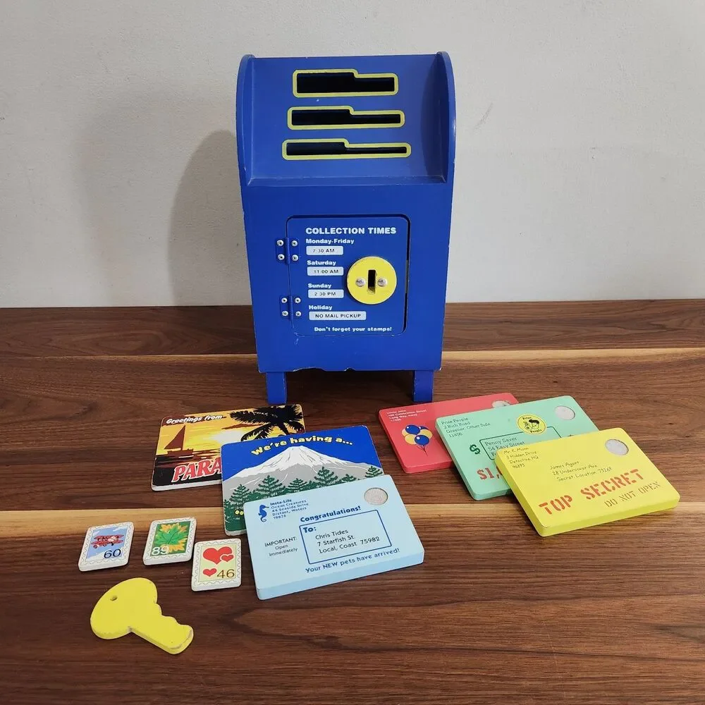 Melissa & Doug Stamp & Sort Post Office Wood Mailbox Letters Stamps Key Postcard